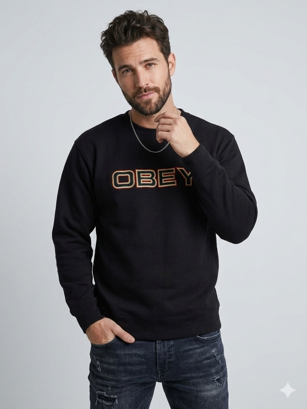Obey Worldwide Jumble Embroidered Crewneck Sweatshirt - Black - Size Medium #138